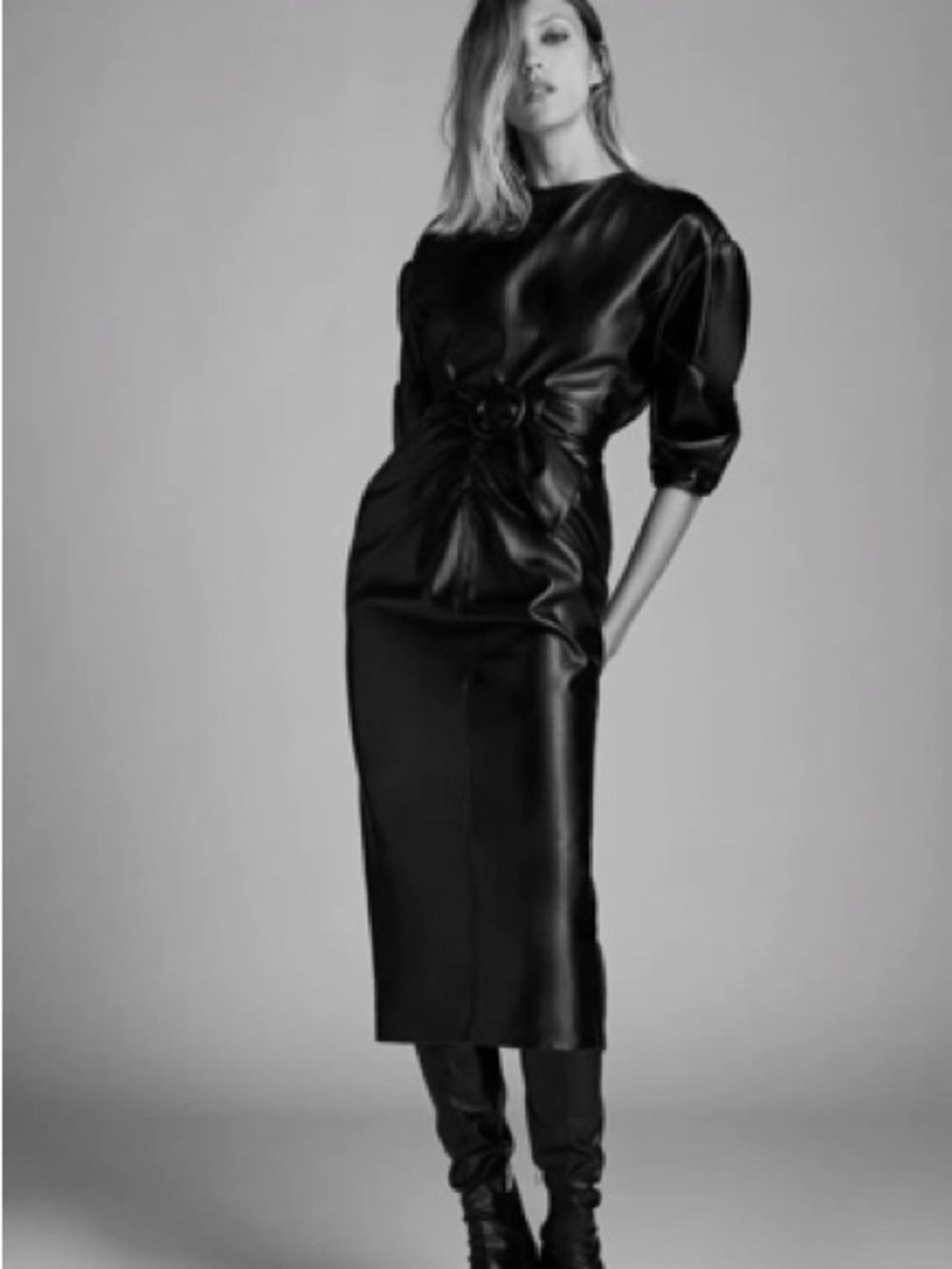 Zara Faux Leather Black Draped Belted Dress XS